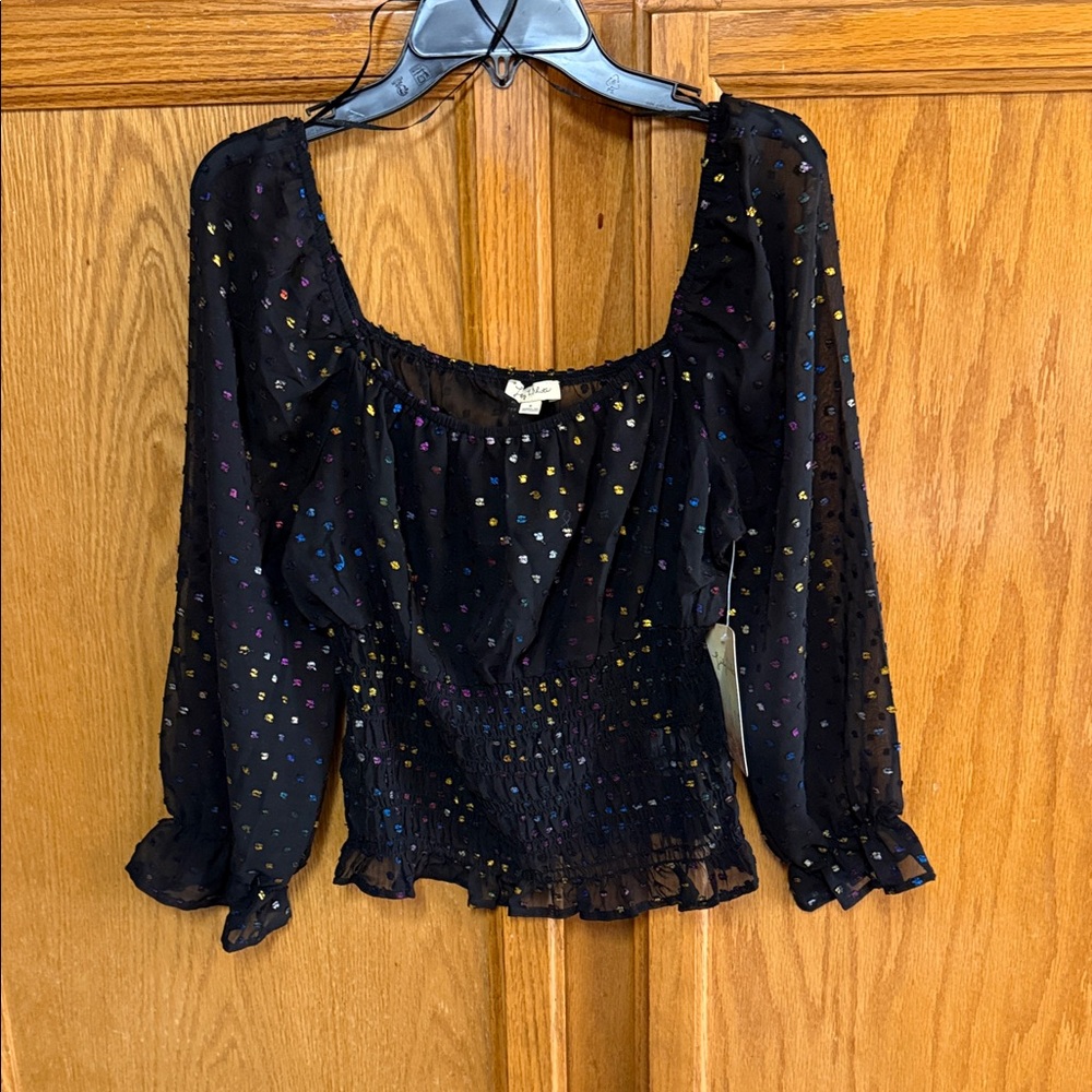 Lily White Black Sheer Peasant Blouse with Multicolor Micro Dots